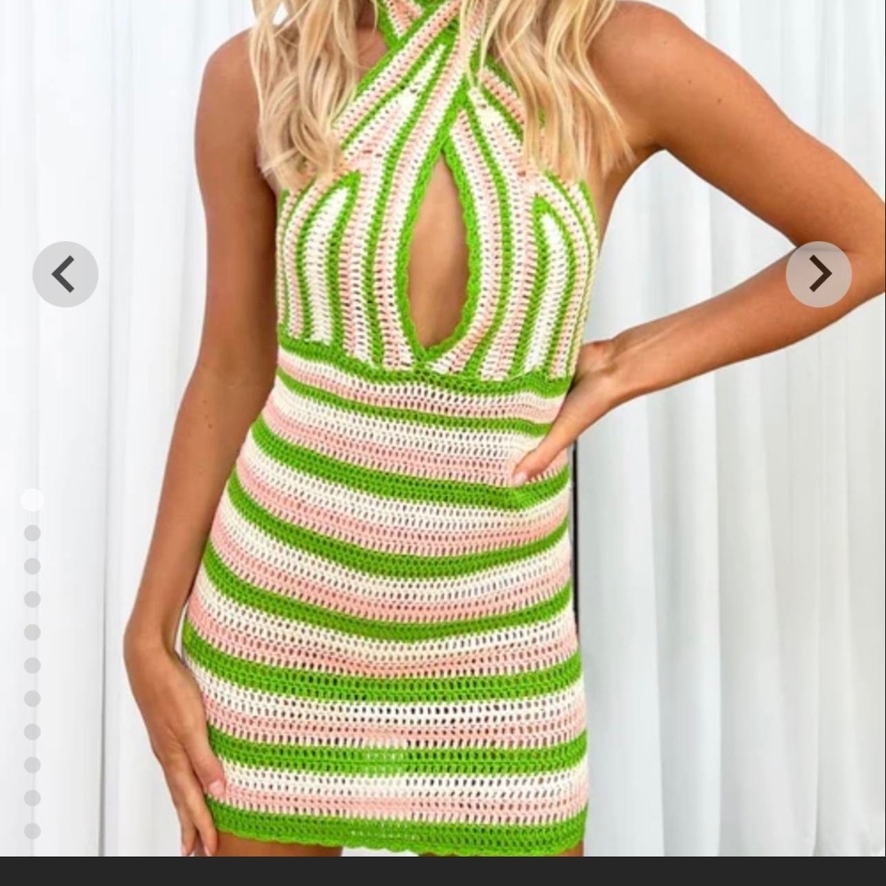 Green and White Striped Halter Dress